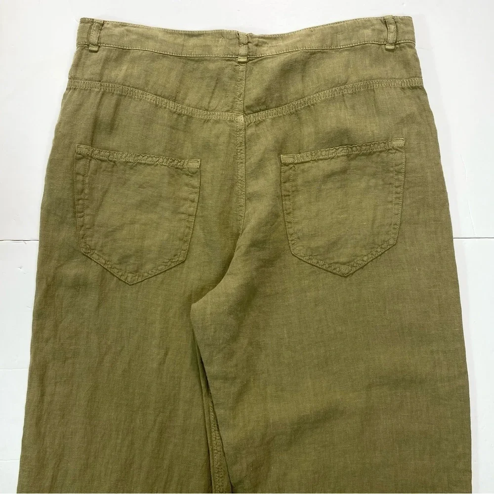 ZARA 100% Linen High Rise Wide Leg Pants in Khaki Size L New with Tags
